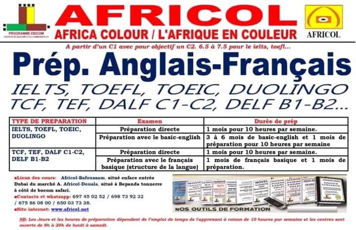 English courses with Africol (prep. Ielts, toefl, toeic, duolingo, tcf, tef, dalf, delf...